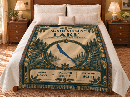 Skaneateles Lake Woven Heritage blanket displayed on a bed