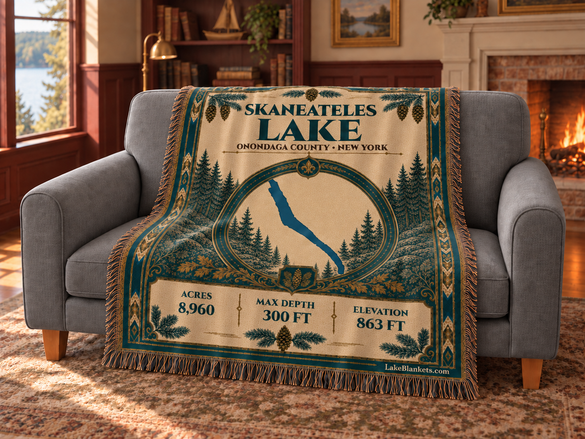 Skaneateles Lake Woven Heritage blanket draped over a couch