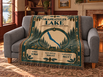 Skaneateles Lake Woven Heritage blanket draped over a couch