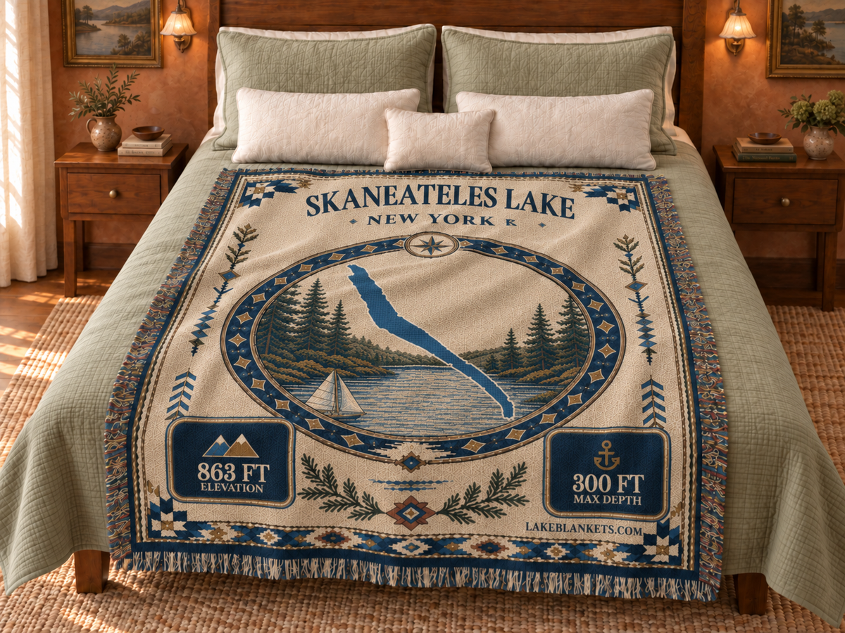 Skaneateles Lake Woven Landmark Medallion blanket displayed on a bed