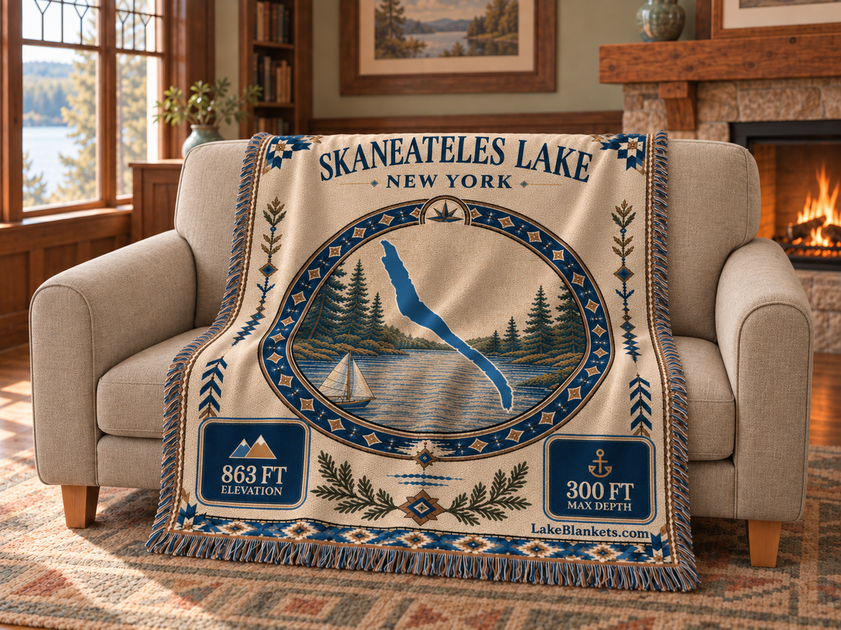 Skaneateles Lake Woven Landmark Medallion blanket draped over a couch
