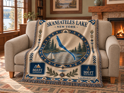 Skaneateles Lake Woven Landmark Medallion blanket draped over a couch