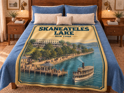 Skaneateles Lake Photoesc blanket displayed on a bed