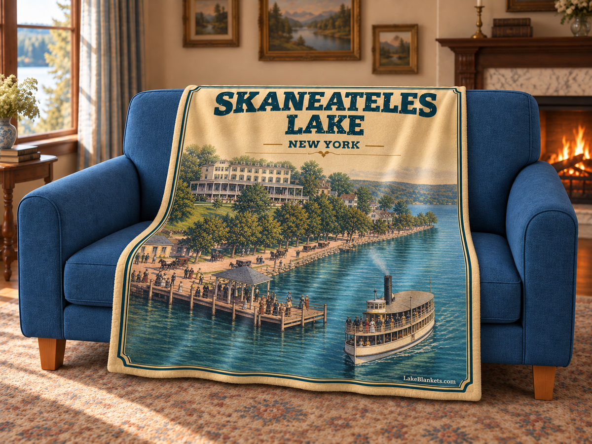 Skaneateles Lake Photoesc blanket draped over a couch
