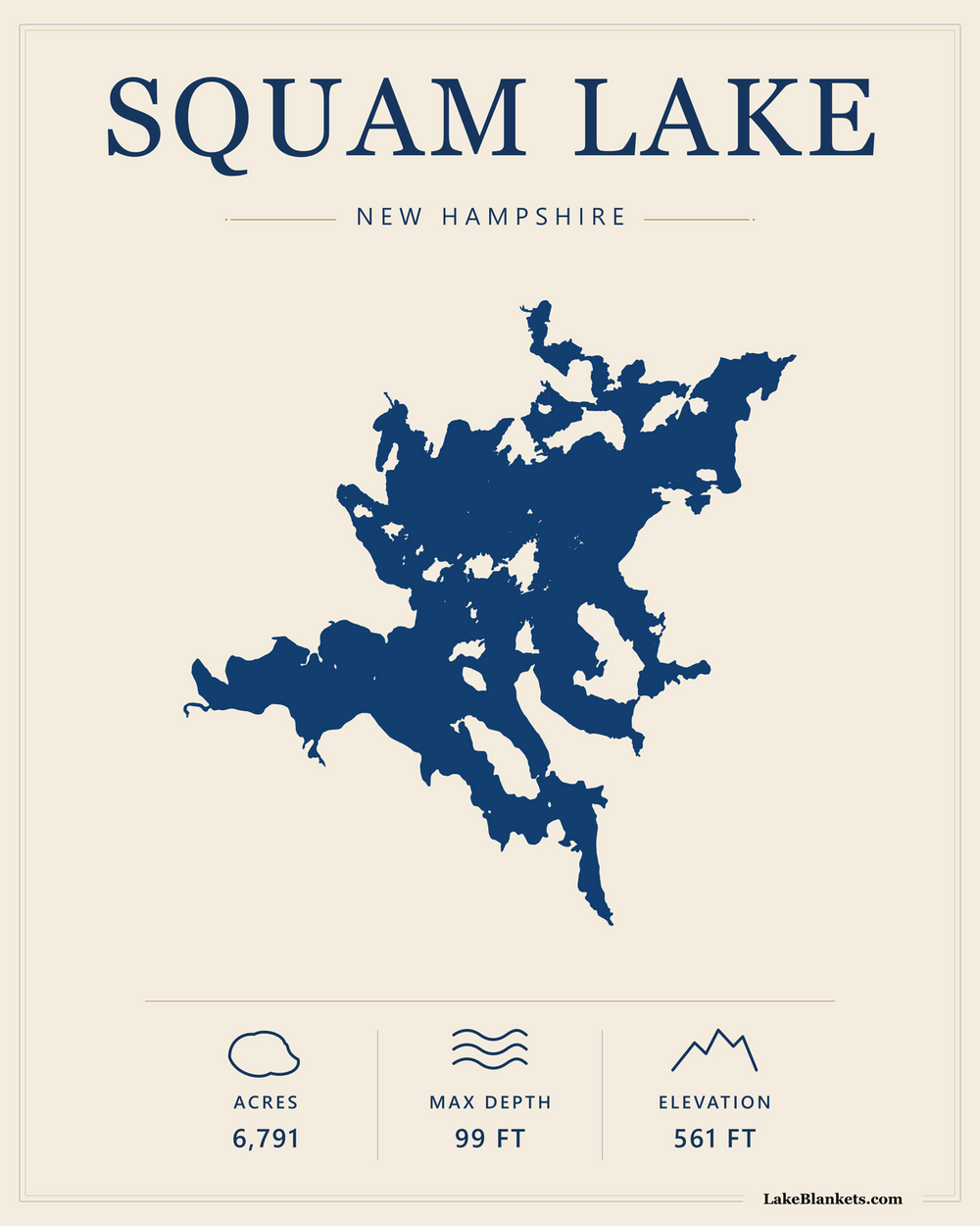 Squam Lake New Hampshire minimalist lightweight fleece blanket with navy lake silhouette