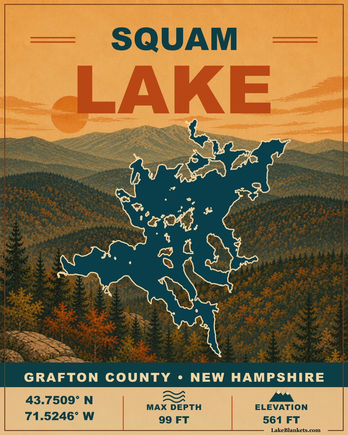 Squam Lake New Hampshire vintage Sherpa fleece blanket with autumn mountain scene and lake silhouette