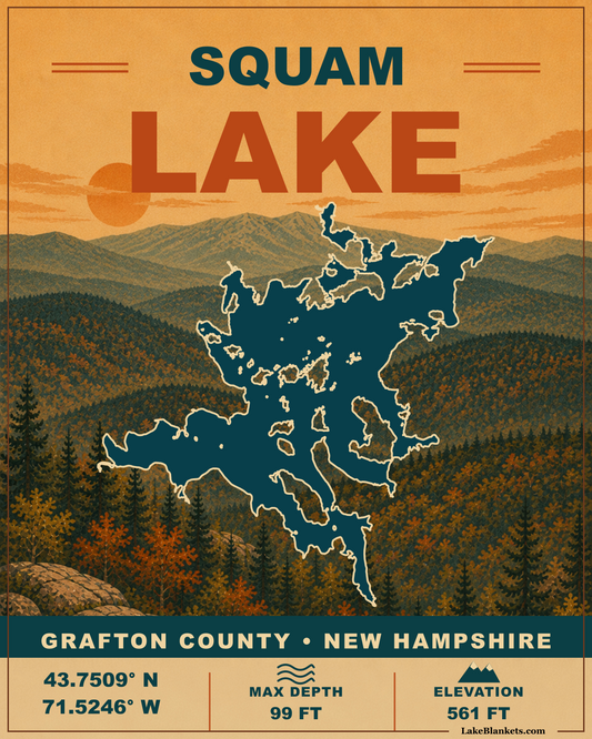 Squam Lake New Hampshire vintage Sherpa fleece blanket with autumn mountain scene and lake silhouette