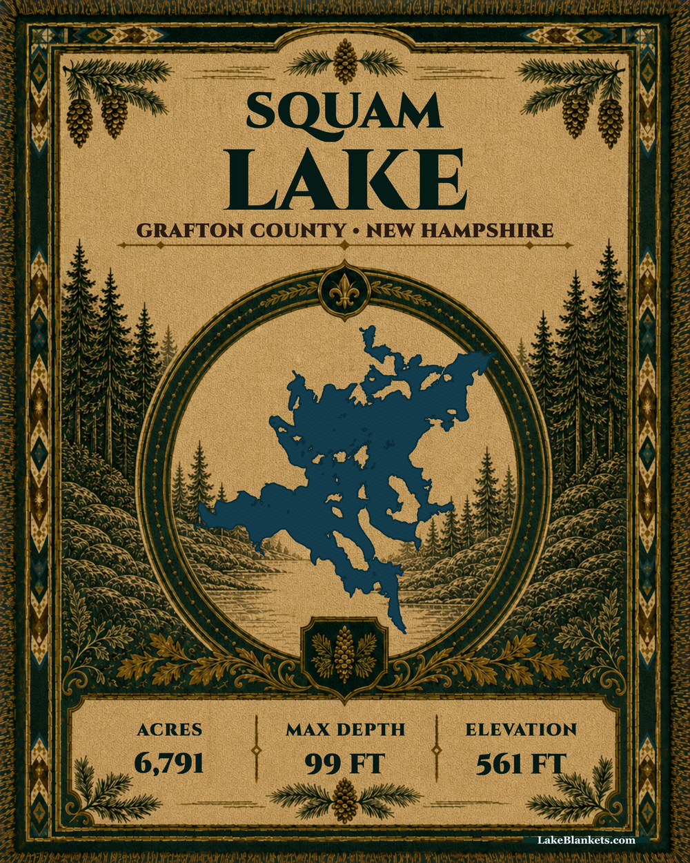 Squam Lake New Hampshire woven heritage blanket with pinecone border and lake medallion