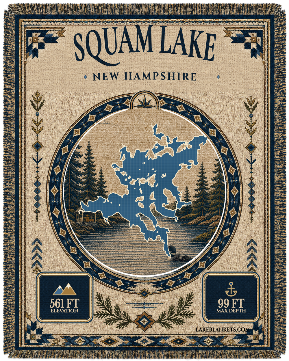 Squam Lake New Hampshire woven landmark medallion blanket with Church Island chapel and loon scene