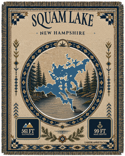 Squam Lake New Hampshire woven landmark medallion blanket with Church Island chapel and loon scene
