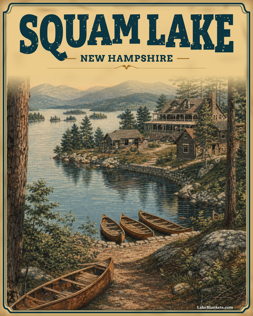 Squam Lake New Hampshire Photoesc Sherpa fleece blanket with rustic camp, canoes, islands, and mountains