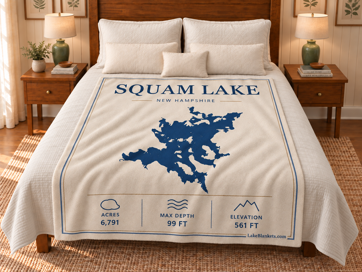 Squam Lake Minimalist blanket displayed on a bed