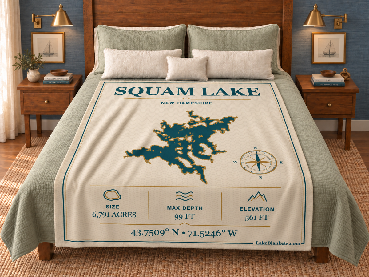 Squam Lake Minimalist Navigation blanket displayed on a bed