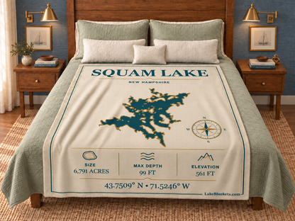 Squam Lake Minimalist Navigation blanket displayed on a bed