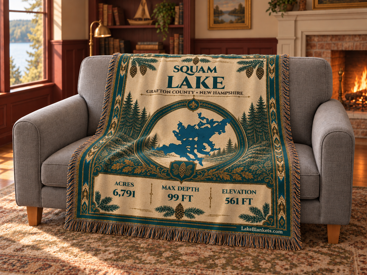 Squam Lake Woven Heritage blanket draped over a couch