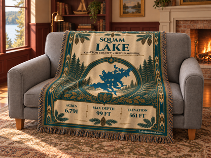 Squam Lake Woven Heritage blanket draped over a couch