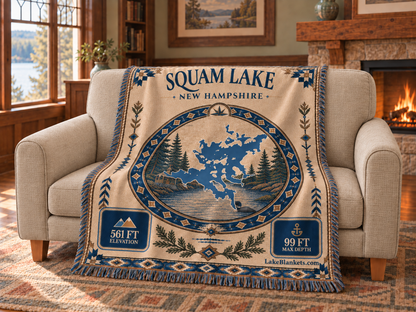 Squam Lake Woven Landmark Medallion blanket draped over a couch