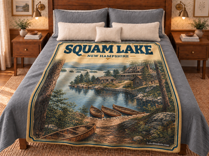 Squam Lake Photoesc blanket displayed on a bed