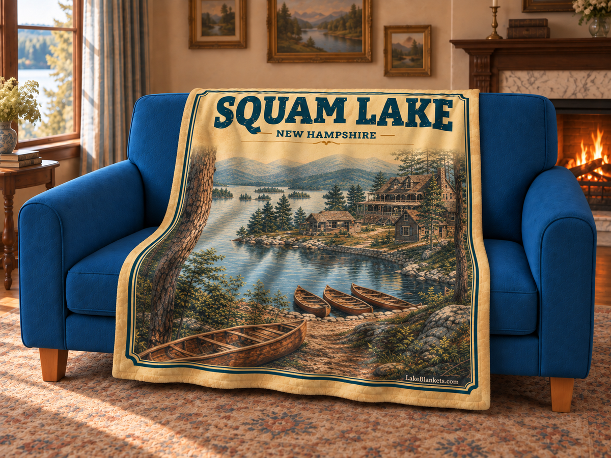 Squam Lake Photoesc blanket draped over a couch
