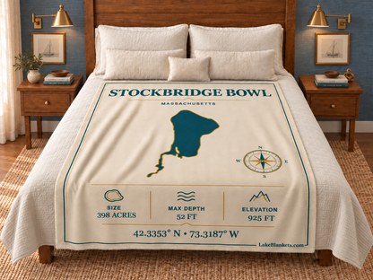 Stockbridge Bowl / Lake Mahkeenac Minimalist Navigation blanket displayed on a bed