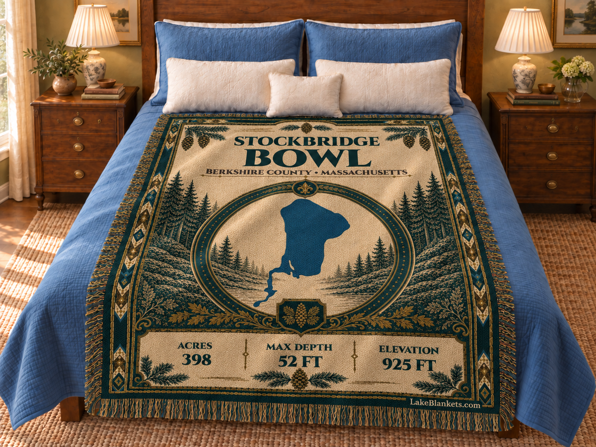 Stockbridge Bowl / Lake Mahkeenac Woven Heritage blanket displayed on a bed