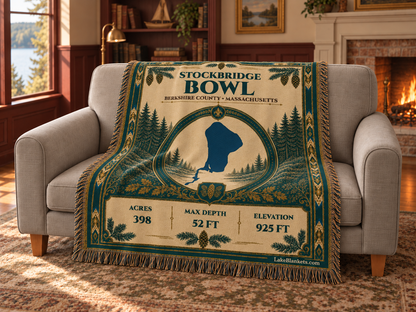 Stockbridge Bowl / Lake Mahkeenac Woven Heritage blanket draped over a couch