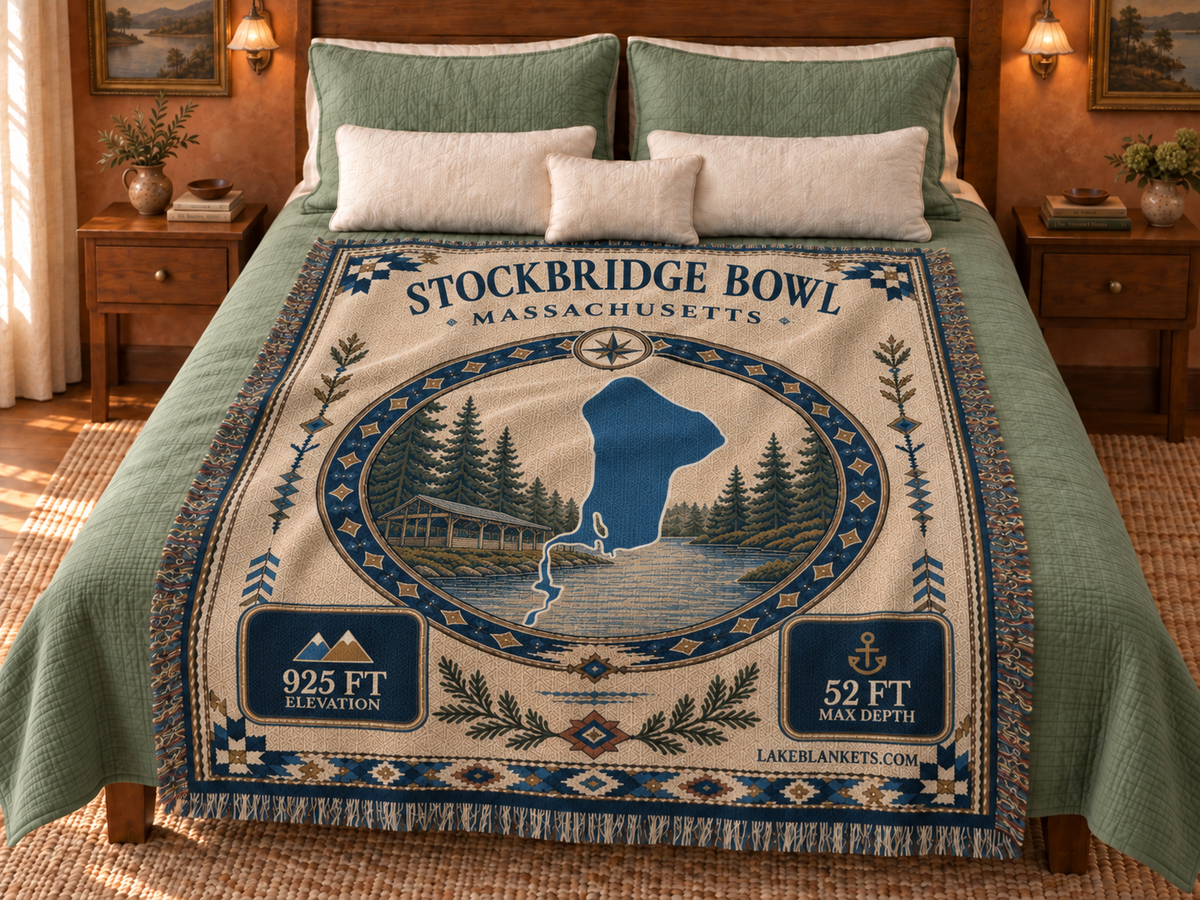 Stockbridge Bowl / Lake Mahkeenac Woven Landmark Medallion blanket displayed on a bed