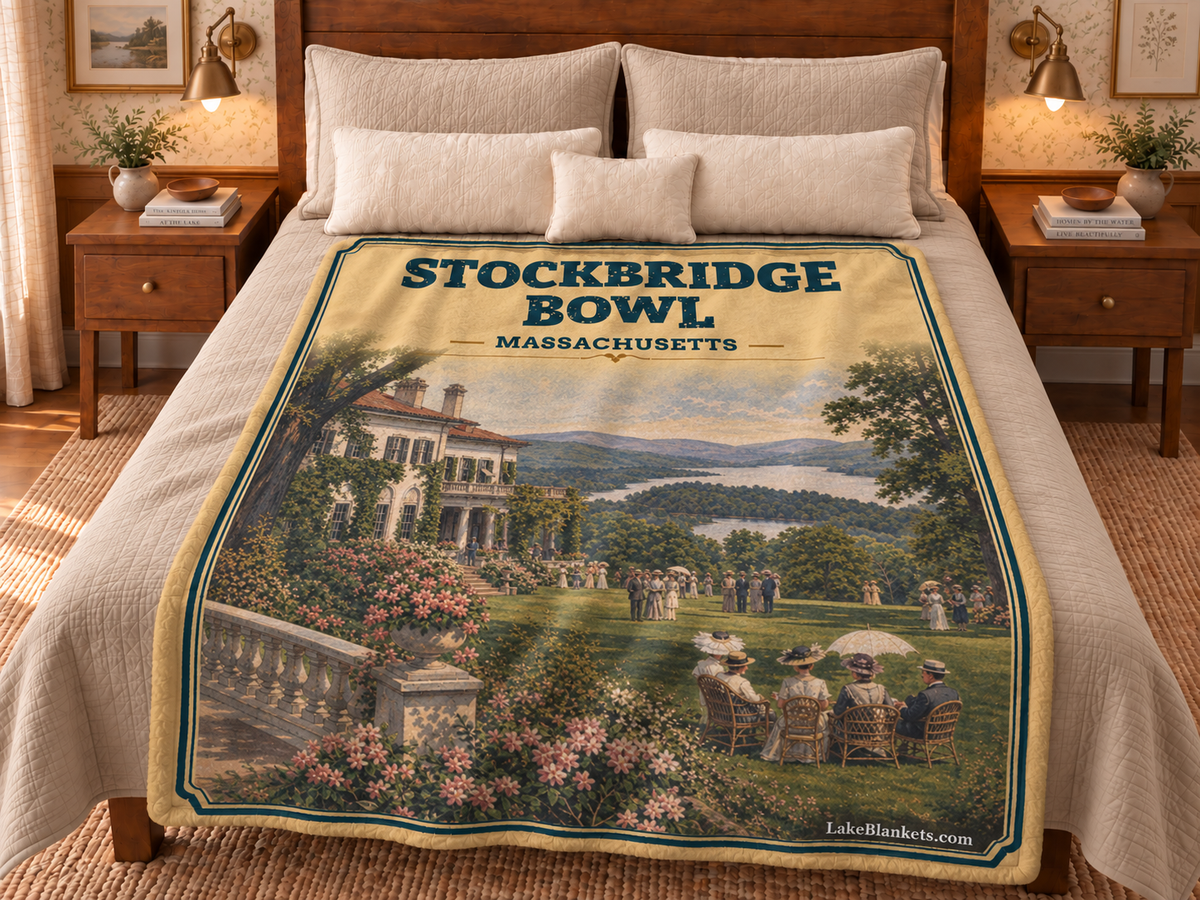 Stockbridge Bowl / Lake Mahkeenac Photoesc blanket displayed on a bed
