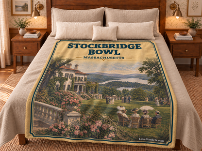 Stockbridge Bowl / Lake Mahkeenac Photoesc blanket displayed on a bed