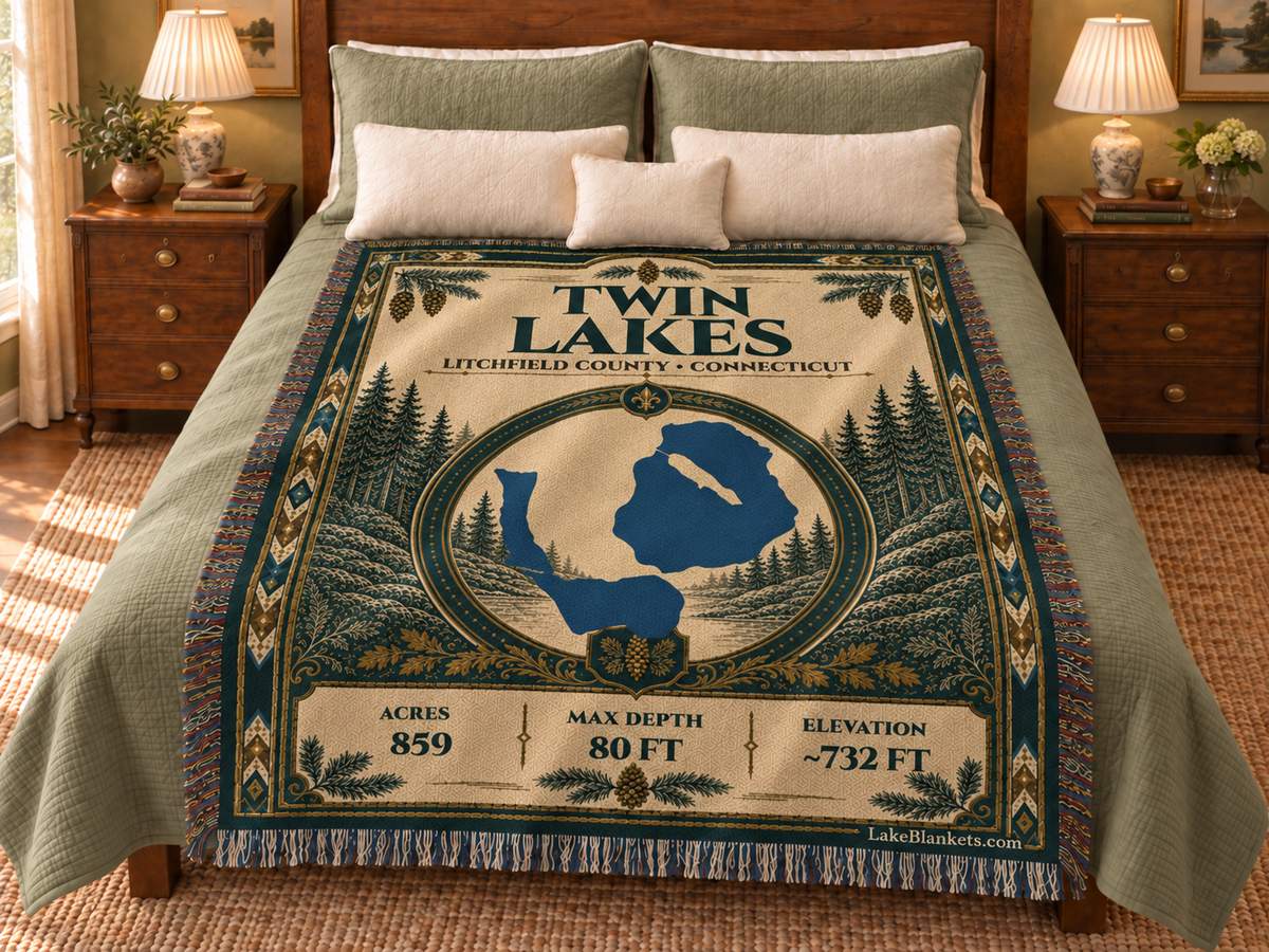 Twin Lakes (Washinee / Washining) Woven Heritage blanket displayed on a bed