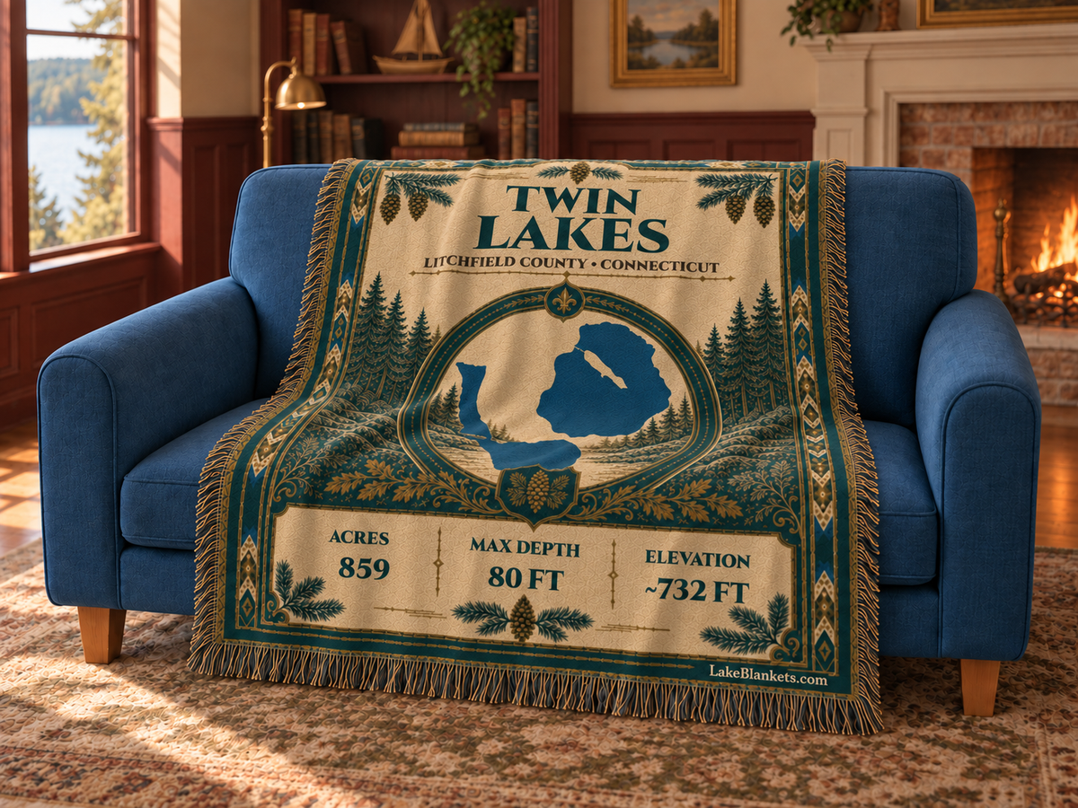 Twin Lakes (Washinee / Washining) Woven Heritage blanket draped over a couch
