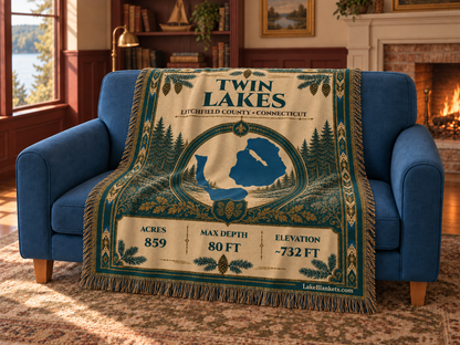 Twin Lakes (Washinee / Washining) Woven Heritage blanket draped over a couch