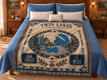 Twin Lakes (Washinee / Washining) Woven Landmark Medallion blanket displayed on a bed