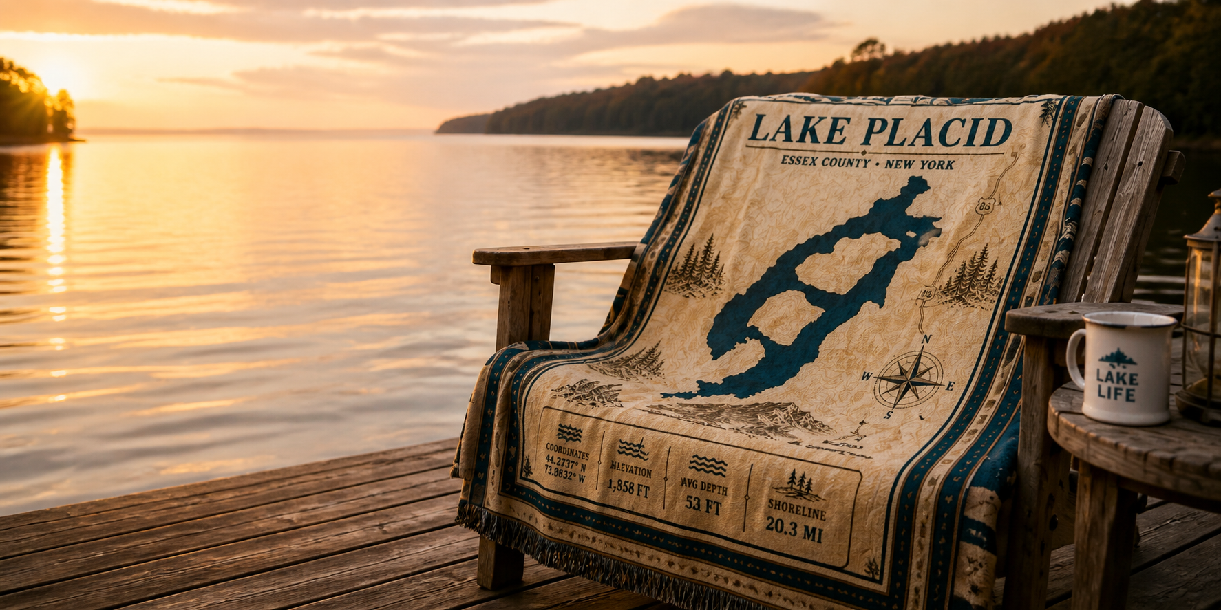 Lake Placid blanket draped over an Adirondack chair beside the lake at sunset